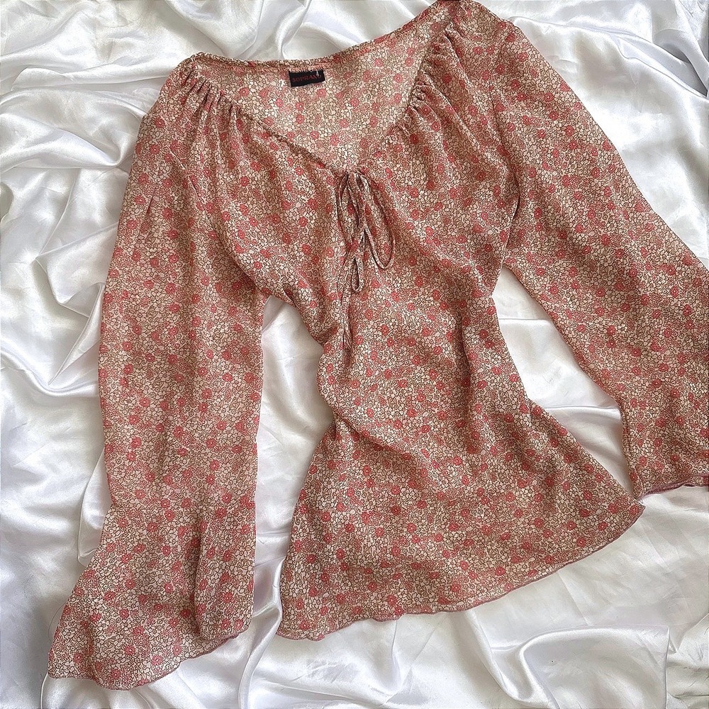 Soprano Floral Chiffon Blouse Pink Tan V-Neck Tie Front Bell Sleeve Top Large